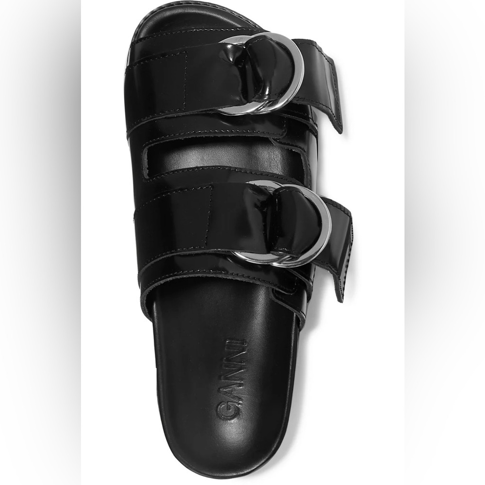 Ganni Buckled Polished-leather Slides